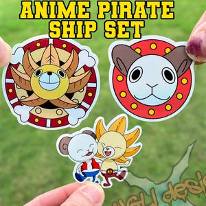 Piratenschiff Holo Set - Vinyl Aufkleber mit Regenbogen Effekt, One Piece Sticker, Holografisch, Merry Sunny