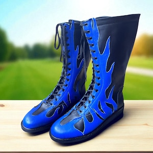 Handmade Flame Wrestling Boots for Men woman, Custom Pro Lace up Wrestling Shoes, Leather Wrestling Long Boots, Cosplay Wrestling Footwear