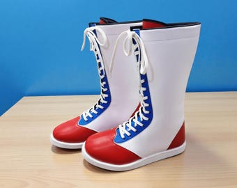 Handmade Patriotic Wrestling Boots | Red White Blue Lace-Up Leather WWE Cosplay Combat Shoes | Custom Men’s Ring Boots