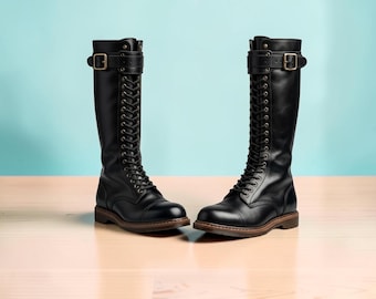 Bottes de travail noires artisanales en cuir pleine fleur | Bottes de moto hautes | Style cowboy/équitation