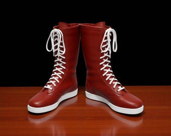 Pro Wrestling Long Boots, Handmade Lace-Up WWE Cosplay Boots, Leather Red Wrestling Boots, Custom Combat Ring Wrestler Shoes For Men Woman