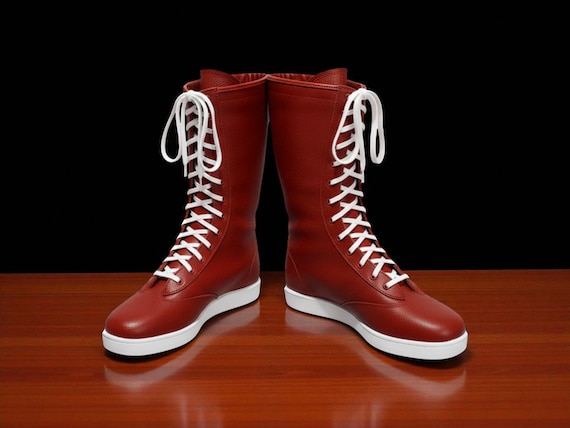 Pro Wrestling Long Boots, Handmade Lace-Up WWE Cosplay Boots, Leather Red Wrestling Boots, Custom Combat Ring Wrestler Shoes For Men Woman