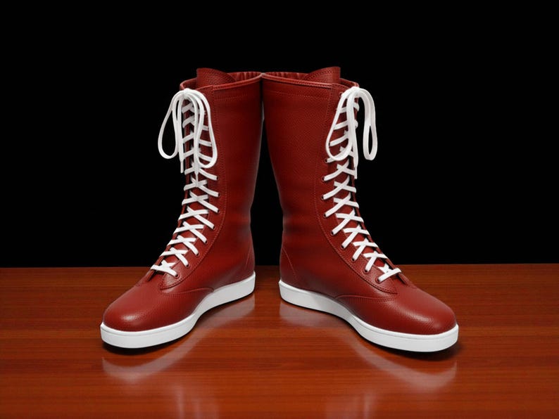 Pro Wrestling Long Boots, Handmade Lace-Up WWE Cosplay Boots, Leather Red Wrestling Boots, Custom Combat Ring Wrestler Shoes For Men Woman