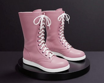 Custom Combat Ring Wrestler Shoes For Men Woman, Pro Wrestling Long Boots, Handmade Lace-Up WWE Cosplay Boots, Leather Pink Wrestling Boots