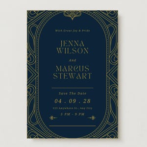 Navy Gold Art Deco Wedding Invitation, Template, Printable Wedding Invitation, Wedding Invitation, Art Deco Wedding Invitation, HR24