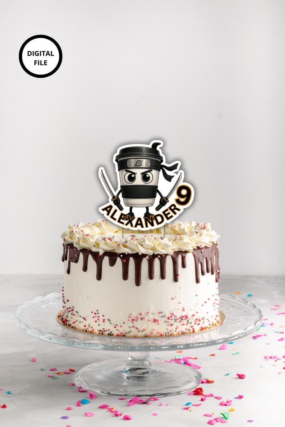 Personalized Ninja Coffee Cup Cake Topper - Kids Birthday Party