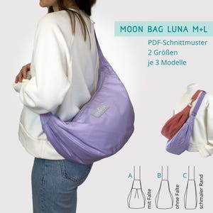 Könnte beinhalten: Eine hellviolette, halbmondförmige Umhängetasche. Die Tasche wird über der Schulter und quer über den Körper getragen. Die Tasche hat einen Reißverschluss und ein kleines Etikett mit Text. Das Bild enthält auch Diagramme und den Text "MOON BAG LUNA M+L".