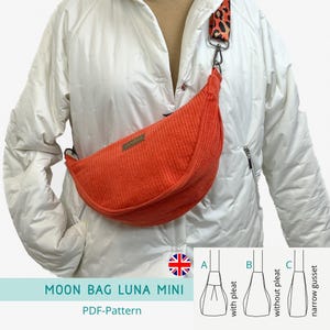 May include: An orange corduroy Moon Bag Luna Mini fanny pack with a leopard print strap. The bag is crescent-shaped and has a small rectangular patch. The text "MOON BAG LUNA MINI PDF-Pattern" is visible.