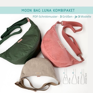 Könnte beinhalten: Drei halbmondförmige Taschen in Grün, Rosa und Beige mit verstellbaren Trägern. Die grüne Tasche ist aus glattem Material, während die rosa Tasche eine Cordstruktur hat. Die beige Tasche ist ebenfalls aus Cord. Der Text oben lautet "MOON BAG LUNA KOMBIΡΑΚΕΤ" und "PDF-Schnittmuster - 3 Größen - je 3 Modelle."