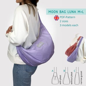 Könnte beinhalten: Eine hellviolette, halbmondförmige Umhängetasche. Die Tasche wird über der Schulter und quer über den Körper getragen. Das Bild enthält den Text "MOON BAG LUNA M+L", "PDF-Pattern", "2 sizes" und "3 models each".
