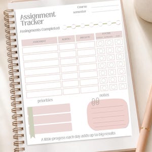 May include: A spiral-bound assignment tracker planner page with a white background, soft pink headers, and sections for assignment, worth, due date, and status. It includes a priorities list, a notes section with a paperclip icon, and text.