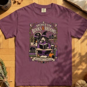Halloween-Shirt für Bücherliebhaber, Hexen-T-Shirt, Dark-Academia-Grafik-Top, Geschenk für Bibliophile, Herbstkleidung mit Büchern und Besen