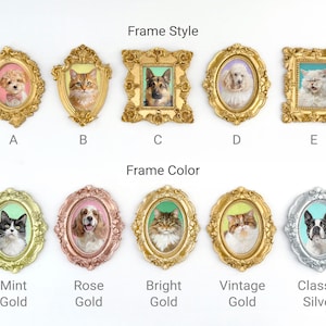 Image showing custom pet portrait frame options. Five ornate frame styles are displayed at the top (A: Oval Floral, B: Shield Baroque, C: Ornate Rectangle, D: Classic Oval, E: Vintage Rectangle). At the bottom, five frame colors are shown: Mint Gold, Rose Gold, Bright Gold, Vintage Gold, and Classic Silver. Each frame includes a sample pet portrait inside, demonstrating the available style and color variations.