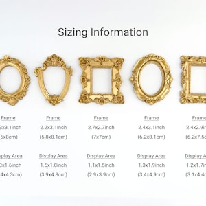 Image showing five ornate vintage-style gold frames with size details. Frame A: 2.3 x 3.1 inch (6 x 8 cm), display area 1.3 x 1.6 inch (3.4 x 4.3 cm). Frame B: 2.2 x 3.1 inch (5.8 x 8.1 cm), display area 1.5 x 1.8 inch (3.9 x 4.8 cm). Frame C: 2.7 x 2.7 inch (7 x 7 cm), display area 1.1 x 1.5 inch (2.9 x 3.9 cm). Frame D: 2.4 x 3.1 inch (6.2 x 8.1 cm), display area 1.3 x 1.9 inch (3.4 x 4.9 cm). Frame E: 2.4 x 2.9 inch (6.2 x 7.5 cm), display area 1.2 x 1.7 inch (3.1 x 4.4 cm).