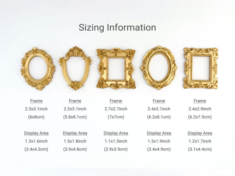 Image showing five ornate vintage-style gold frames with size details. Frame A: 2.3 x 3.1 inch (6 x 8 cm), display area 1.3 x 1.6 inch (3.4 x 4.3 cm). Frame B: 2.2 x 3.1 inch (5.8 x 8.1 cm), display area 1.5 x 1.8 inch (3.9 x 4.8 cm). Frame C: 2.7 x 2.7 inch (7 x 7 cm), display area 1.1 x 1.5 inch (2.9 x 3.9 cm). Frame D: 2.4 x 3.1 inch (6.2 x 8.1 cm), display area 1.3 x 1.9 inch (3.4 x 4.9 cm). Frame E: 2.4 x 2.9 inch (6.2 x 7.5 cm), display area 1.2 x 1.7 inch (3.1 x 4.4 cm).
