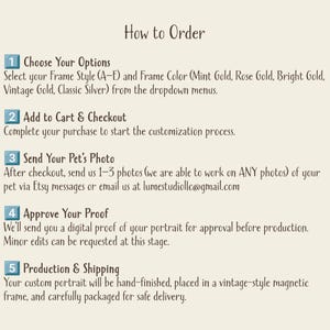 Instruction graphic titled "How to Order" with five steps. Step 1: Choose your options—select frame style (A–E) and frame color (Mint Gold, Rose Gold, Bright Gold, Vintage Gold, Classic Silver). Step 2: Add to cart and checkout. Step 3: Send 1–3 photos of your pet via Etsy message or email at lumestudiollc@gmail.com
. Step 4: Approve your digital proof before production. Step 5: Production and shipping—hand-finished portrait placed in vintage-style magnetic frame.