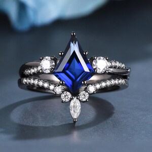 2PCS Kite Cut Blue Sapphire Engagement Ring Set Black Gold Ring | Unique Promise Ring Wedding Ring Set | Gothic Celestial Gift for Her