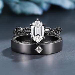 Vintage Lab-Diamond Couple Rings  Black Gold Engagement Ring Set  His and Hers Rings Wedding Rings for Couple  Anniversary Gift Gift for Her
