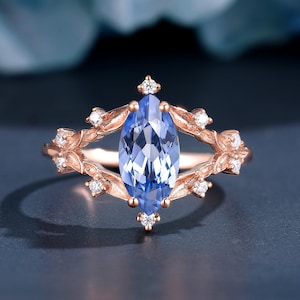 Rose Gold Marquise Cut Sapphire Engagement Ring Floral Wedding Ring Promise Ring Nature Inspired Ring for Her Vintage Style Jewelry for her