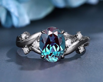 Anillo de compromiso de alejandrita ovalado, oro negro, piedra natal de junio, anillo vintage con cambio de color, anillo de bodas inspirado en la naturaleza, anillo de aniversario, regalo para