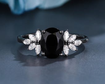 Black Onyx Engagement Ring Gothic Wedding Ring Oval Cut Black Stone Promise Ring Moissanite Accents Unique Dark Bridal Jewelry Gift for Her
