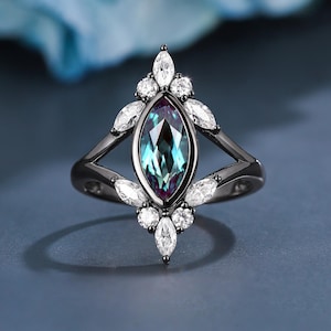 Marquise Alexandrite Engagement Ring in Black Gold Color Change Wedding Ring Moissanite Accents Unique Promise Ring for Her Anniversary Gift