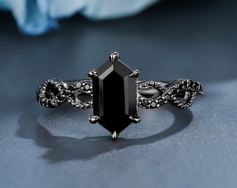 Hexagon Black Onyx Gothic Engagement Ring Black Gold Wedding Ring | Infinity Promise Ring Gift for Her | Alternative Bridal Jewelry For her