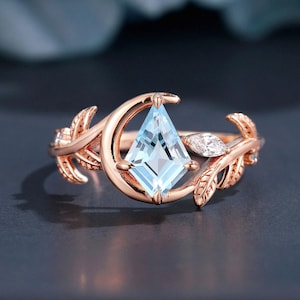 14k Rose Gold Kite Cut Sky Blue Topaz Engagement Ring with Moissanite Accents November Birthstone Wedding Ring Promise Ring Gift for Her