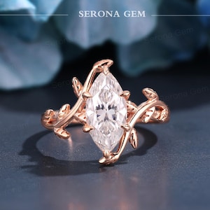 Marquise Cut Moissanite Engagement Ring 18K Rose Gold Wedding Ring Leaf Vine Promise Ring Nature Inspired Bridal Jewelry Anniversary Gift