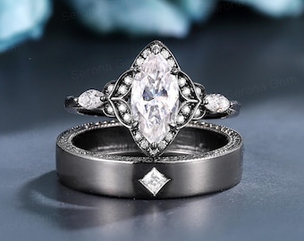 Black Gold Marquise Moissanite Engagement Ring Set Gothic Wedding Band for Women Princess Cut Mens Ring Dark Promise Ring Anniversary Ring