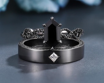 Black Onyx Engagement Ring Set Gothic Black Gold Wedding Rings for Couple Hexagon Cut Bridal Ring Mens Moissanite Band personalized jewelry
