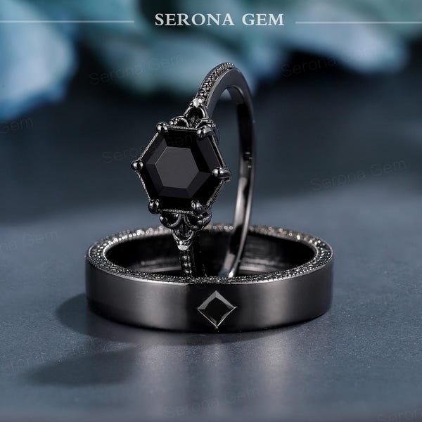 2pcs Black Onyx Couple Rings,Gothic Black Gold Wedding Set,Vintage Princess Cut Band Dark Romance Bridal Jewelry,Couple Anniversary Gift