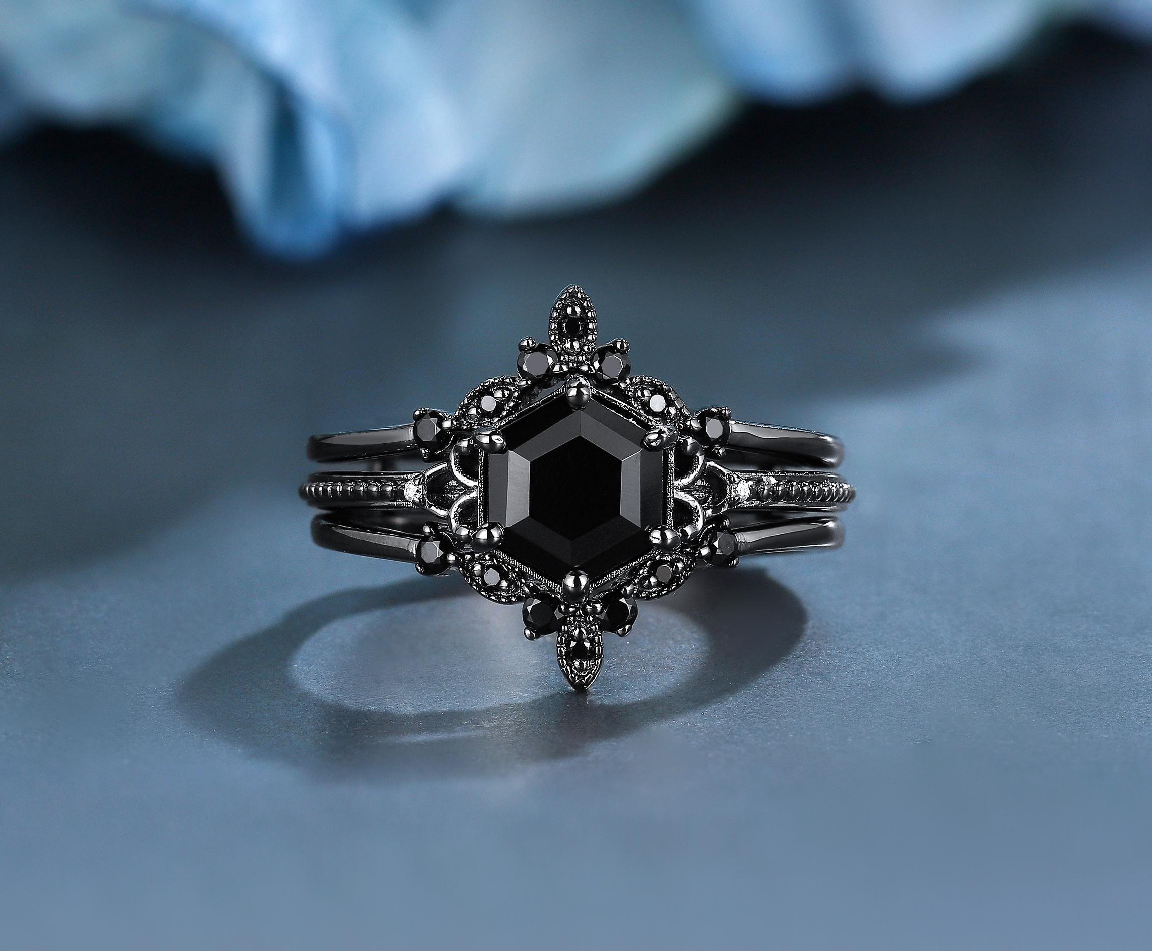 3pcs Hexagon Black Onyx Engagement Ring Set,Solid Black Gold Ring Set,Gothic Wedding Ring Set,Unique Bridal Promise Ring,Anniversary Gift