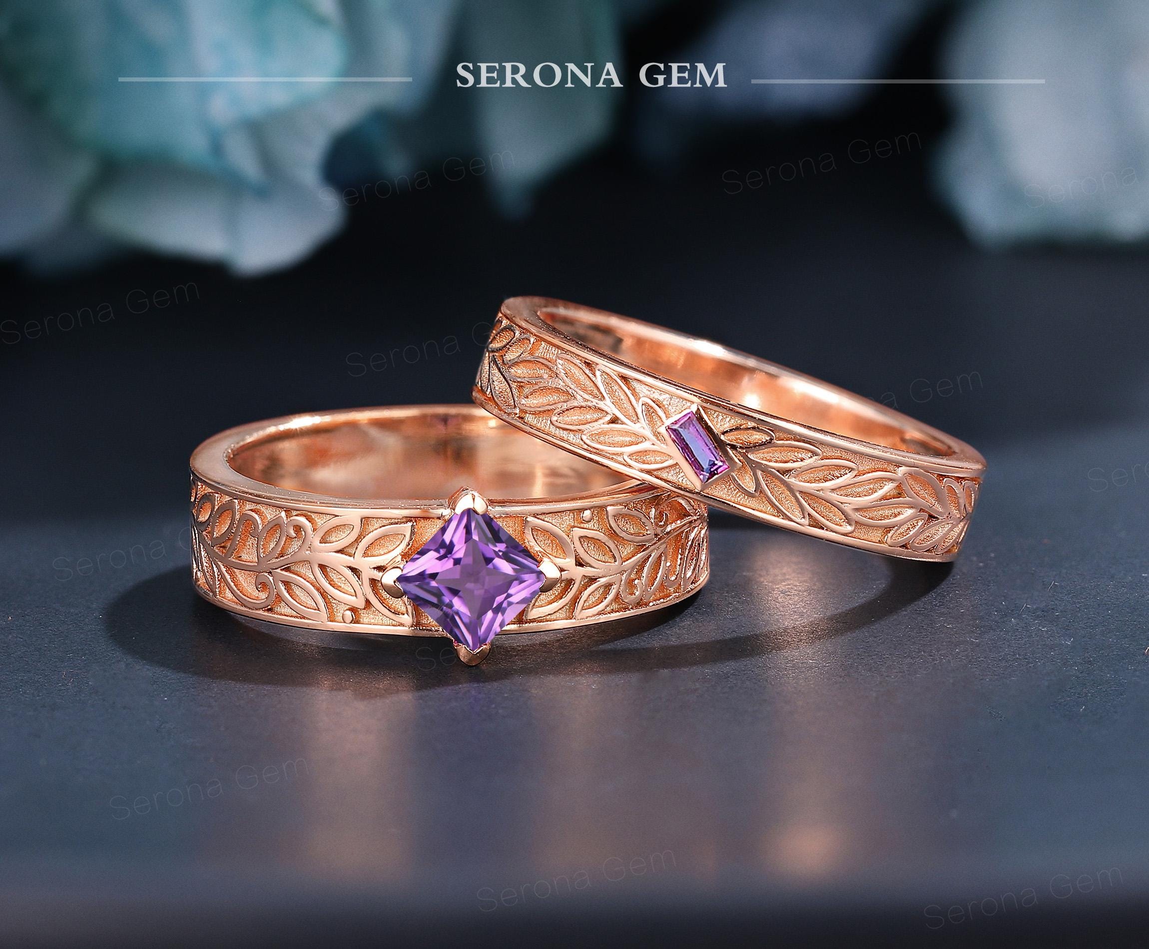 Couple's Ring - 2PCS Rose Gold Amethyst Couple Ring Set, Princess & Baguette Cut Matching Wedding Bands, Vintage Floral Engraved Rings
