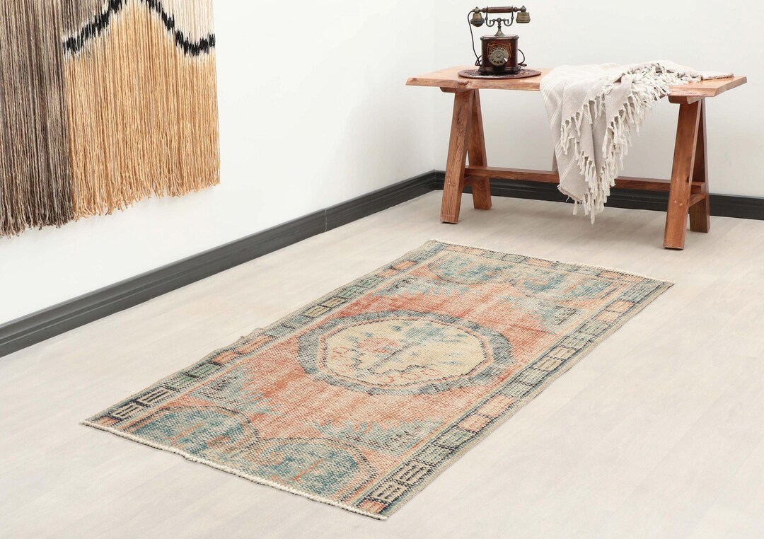2x5 Orange Green Turkish Runner, 2x5 Floral Vintage Rug, Small Kitchen ...
