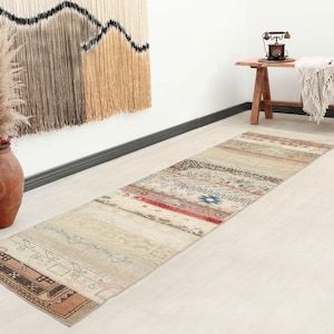 3x12 ft Turkish vintage patchwork runner rug | faded beige brown geometric wool hallway | bohemian distressed