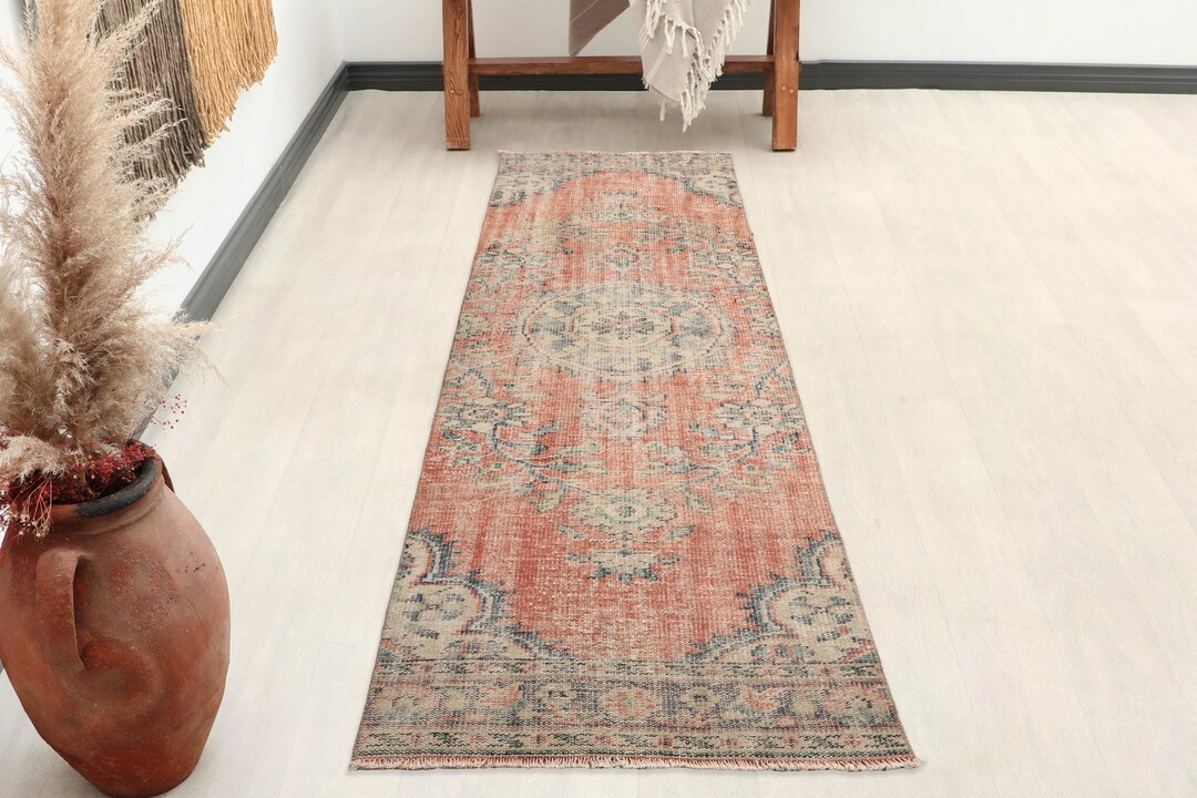 3x9 Orange Turkish Runner, 3x9 Floral Vintage Wool Rug, Kitchen Runner ...