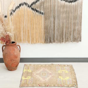 2x3 Turkish Brown Blue Yellow Pink Rug, Bathroom Mat, Vintage Wool Rug, Oushak Rug, Wool Handmade Mat, Geometric Rug, Small Rug , 1.7x2.6 Ft