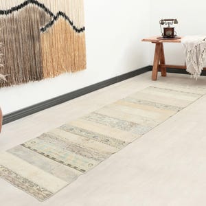3x11 ft vintage Turkish patchwork runner rug | Faded beige green geometric wool hallway | Distressed bohemian eclectic decor
