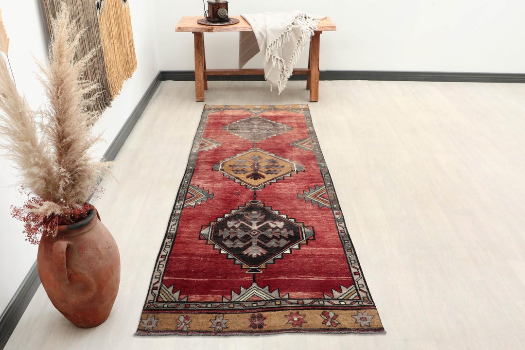 4x9 Red Black Turkish Runner, 4x9 Vintage Wide Runner,hallway Runner ...