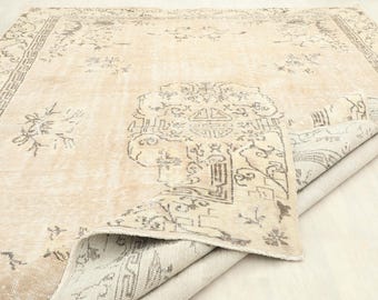 7x11 Vintage Area Rug, 7x11 Turkish Oriental Rug, Beige Brown Oushak Rug, Handmade Wool Carpet, Living Room Bedroom Dining Room Entry Rug