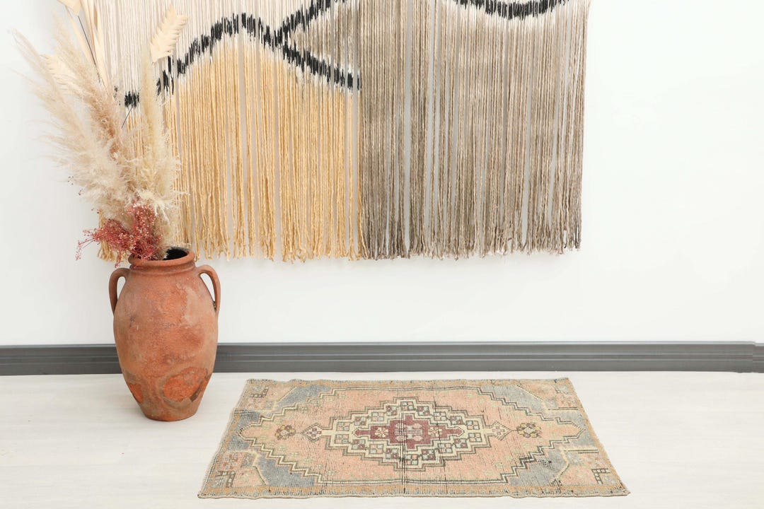 2x4 Pink Blue Turkish Small Rug, 2x4 Handmade Vintage Rug, Oushak Small ...