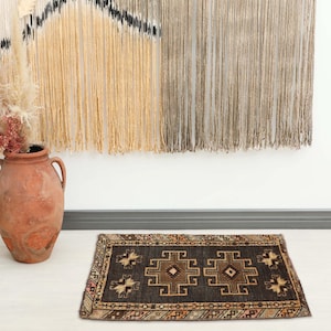 2x3 Vintage Brown Yellow Rug, Door Mat, Bathroom Mat, Turkish Rug, Oushak Rug, Wool Handmade Doormat, Geometric Rug, Small Rug , 1.7x2.5 Ft
