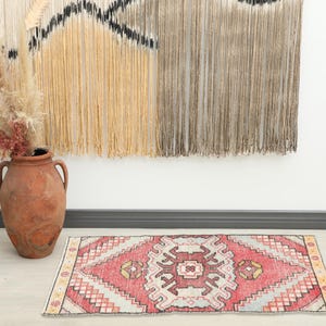 1x3 Red Blue Turkish Small Rug, 1x3 Handmade Vintage Rug, Oushak Small Rug, Kitchen, Bathroom, Entryway Mat,Home Decor,Kilim Mat,Welcome Mat