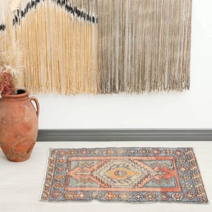 1x3 Blue Red Turkish Small Rug, 1x3 Handmade Vintage Rug, Oushak Small Rug, Kitchen, Bathroom, Entryway Mat,Small Home Decor,Kilim Dormat