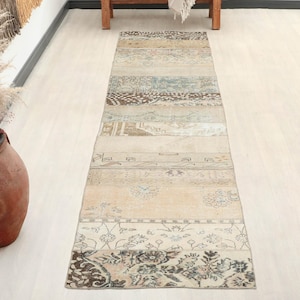 Könnte beinhalten: Ein rechteckiger Läufer im Vintage-Stil mit Patchwork-Design. Der Teppich weist verschiedene rechteckige Abschnitte in Beige-, Braun- und Blautönen auf. Florale und geometrische Muster sind sichtbar. Der Teppich liegt auf einem hellen Holzboden.