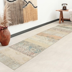 3x13 ft Turkish patchwork runner rug | distressed beige blue pink wool hallway carpet | vintage bohemian eclectic home decor