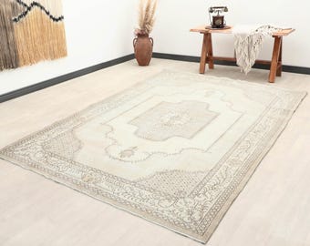 Alfombra turca vintage beige y marrón de 7 x 9 pulgadas, alfombra Oushak hecha a mano, alfombra floral, alfombra desgastada, alfombra bohemia, alfombra de 7 x 9 pulgadas, alfombra de área, alfombra de lana, 6.8 x 9.4 pies