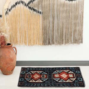 1x3 Blue Red Turkish Small Rug, 1x3 Handmade Vintage Wool Rug, Oushak Small Rug, Kitchen, Bathroom, Entryway Mat, Small Home Decor,Kilim Mat
