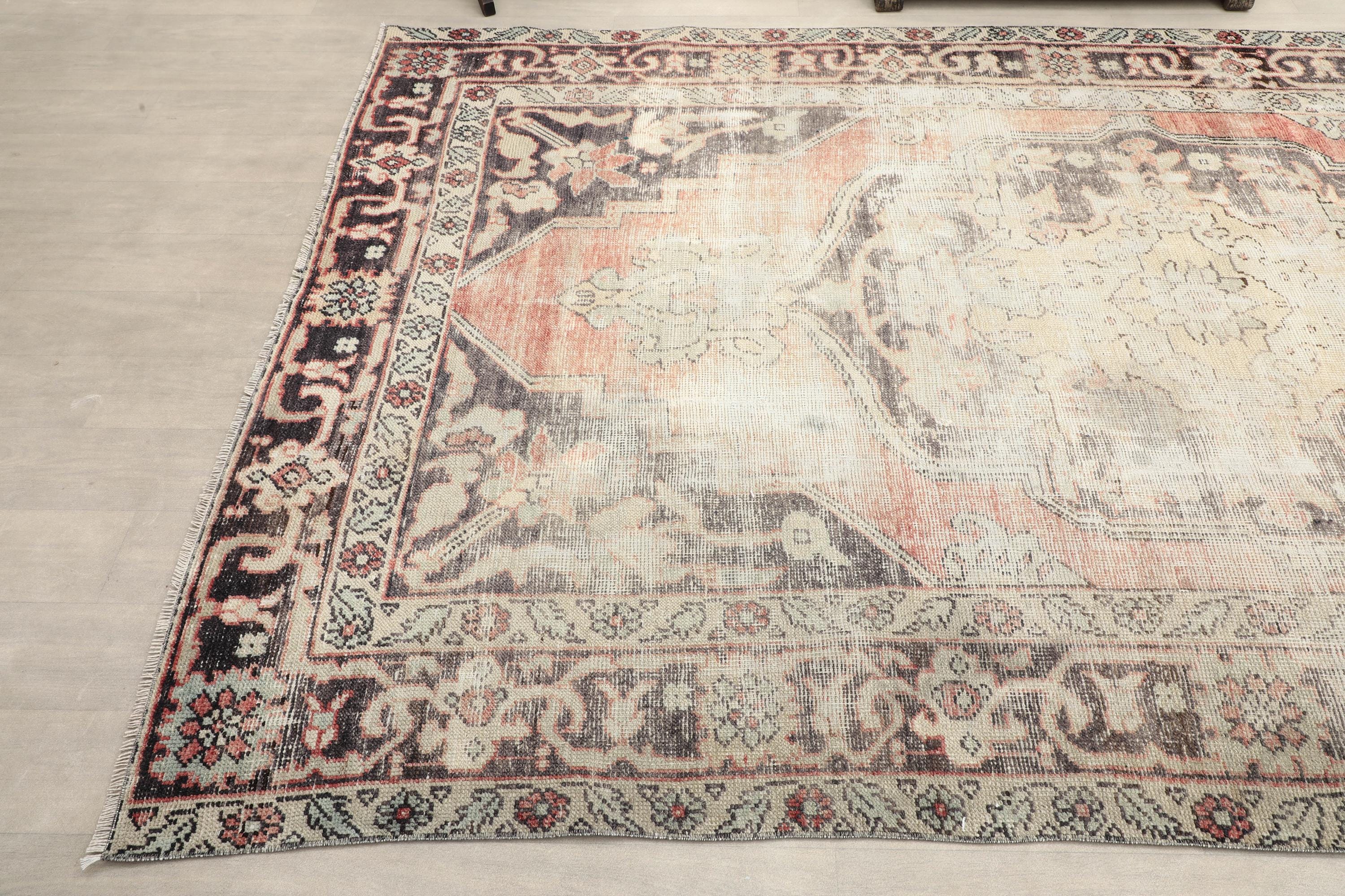 6x11 Faded Red Black Turkish Rug, 6x11 Vintage Rug, Kitchen Rug